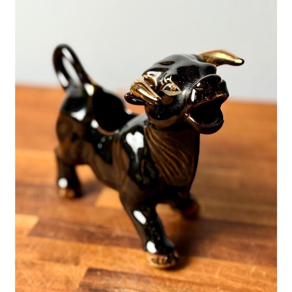 Vintage 1950s Black Bull Creamer | Gold Accents, Mid-Century Ceramic Pitcher - Picture 5 of 15